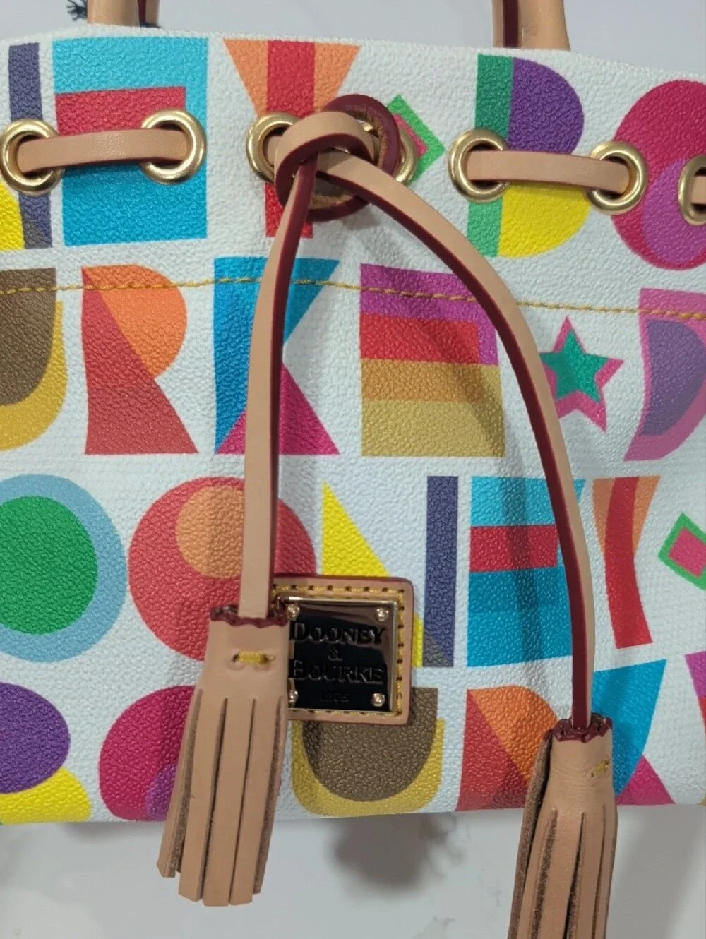 Dooney & Bourke Multicolor Art Deco Small Tassel Tote with Tan Leather
